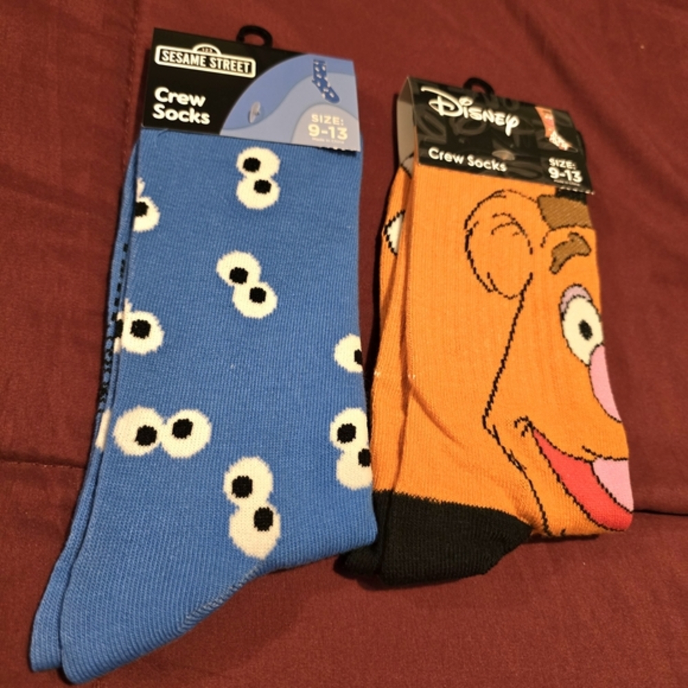 Sesame Street Disney Crew Socks Cookie Monster‎ Fozzie Bear 2 Pair NWT Size 9-13